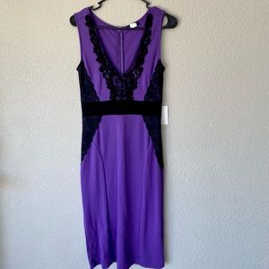NWT VENUS midi fitted purple with black lace detailing dress.